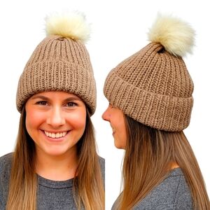 Unisex Hand Knit Brown Toque with Beige Pompom OSFM
